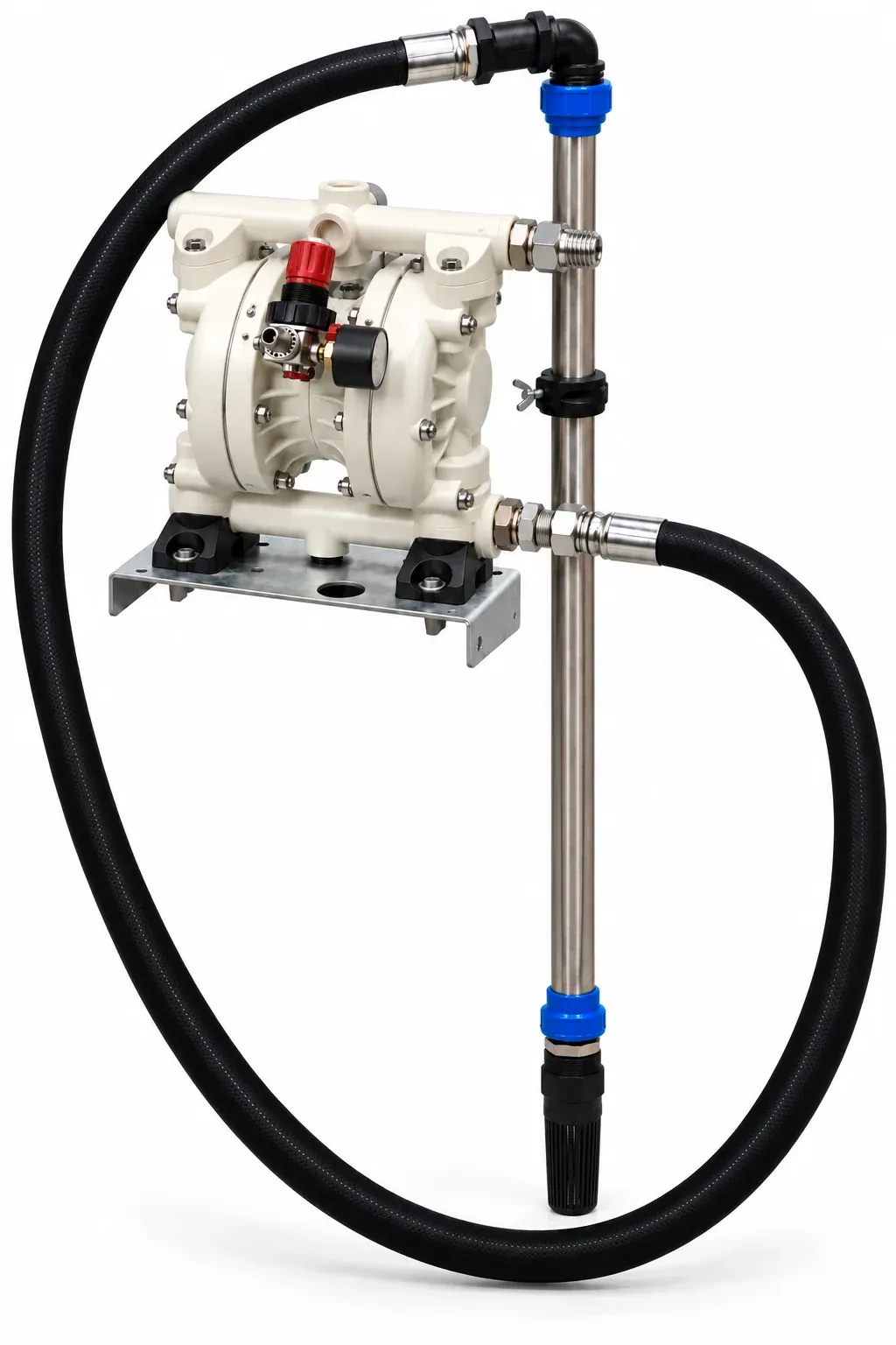 pompa a membrana mod. NP1251, staffa murale, kit aspirazione per cistrna 1000 ℓ ( da parte alta), kit regolatore di pressione 1/4"