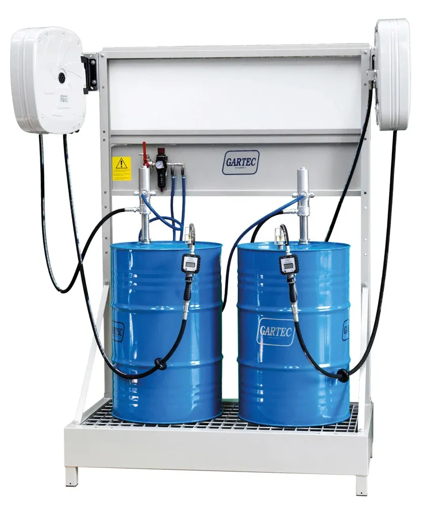kit distribuzione completo per 3 prodotti, 2 oli + 1 antigelo , su vasca di contenimento da 3 fusti.